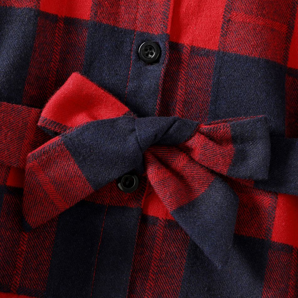 Kid Girl Christmas Lapel Collar Button Design Long-sleeve Belted Plaid Dress Red big image 4