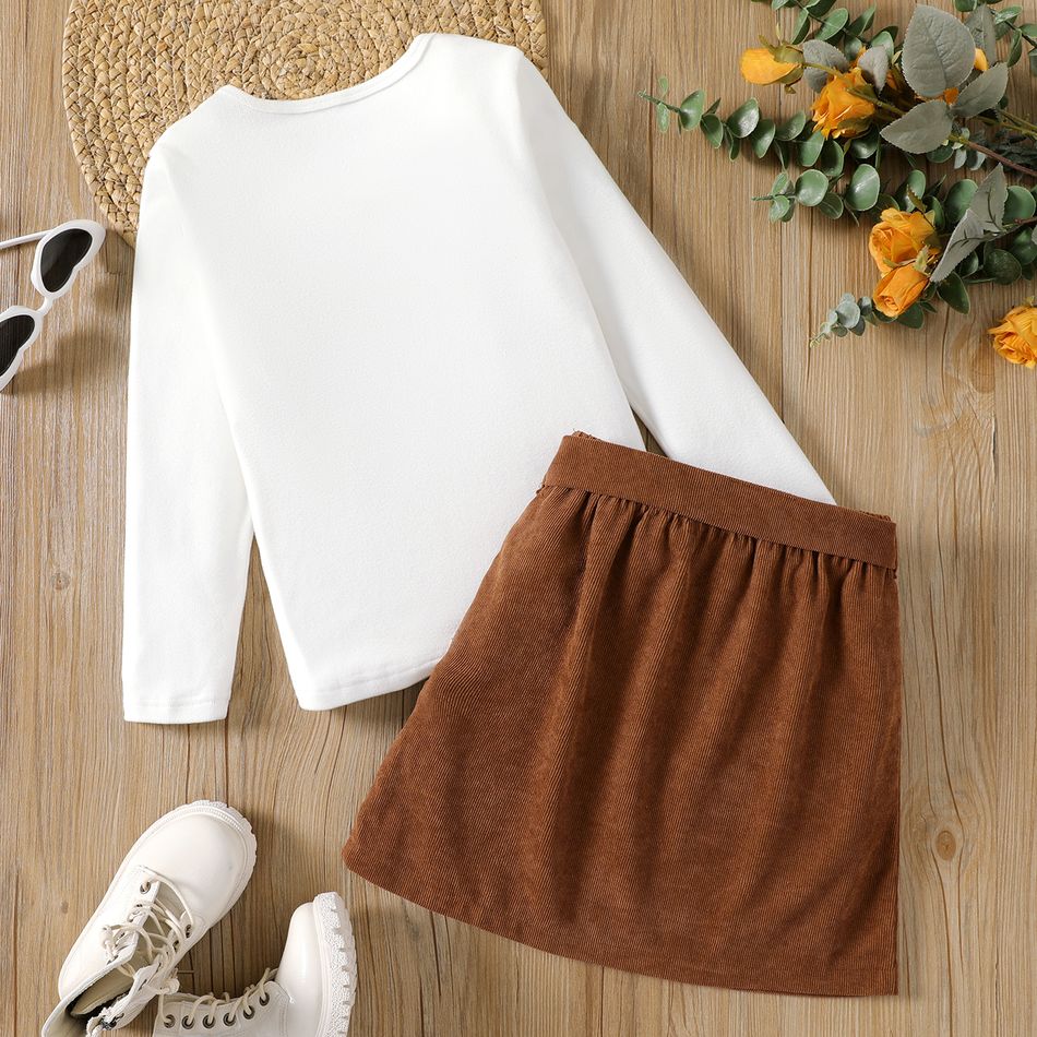 2pcs Kid Girl Figure Print Long-sleeve White Tee and Button Design Belted Skirt Set White big image 4