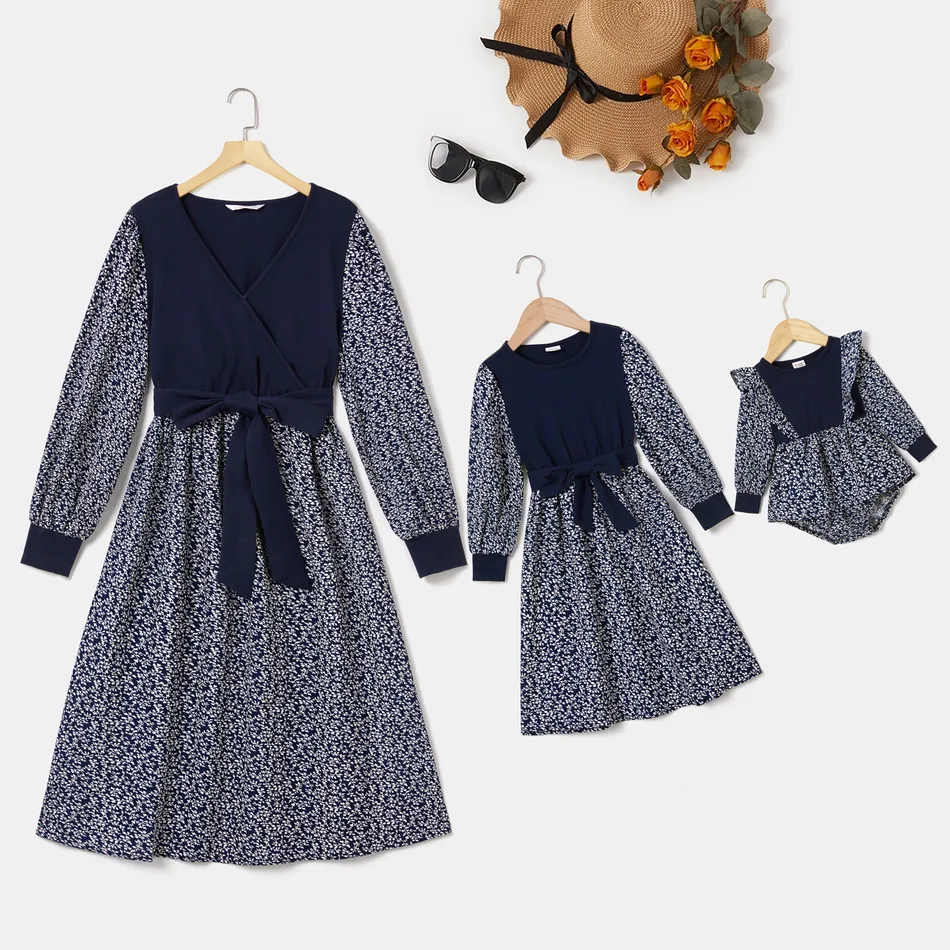 Mommy and Me Floral Print Spliced Solid Surplice Neck Long-sleeve Dress Tibetanblue