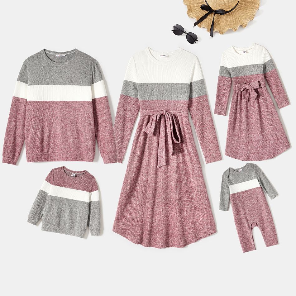 Family Matching Long-sleeve Colorblock Rib Knit Belted Dresses and Pullover Sets ColorBlock big image 1