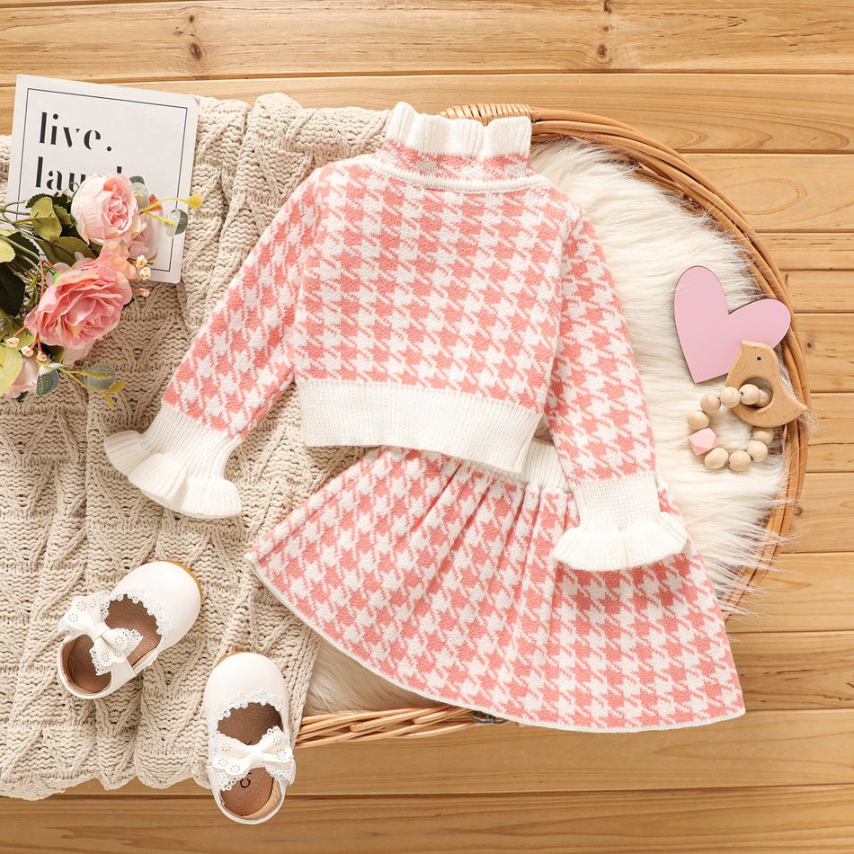 2pcs Baby Girl Pink Houndstooth Frill Mock Neck Long-sleeve Knitted Top and Skirt Set Pink big image 2