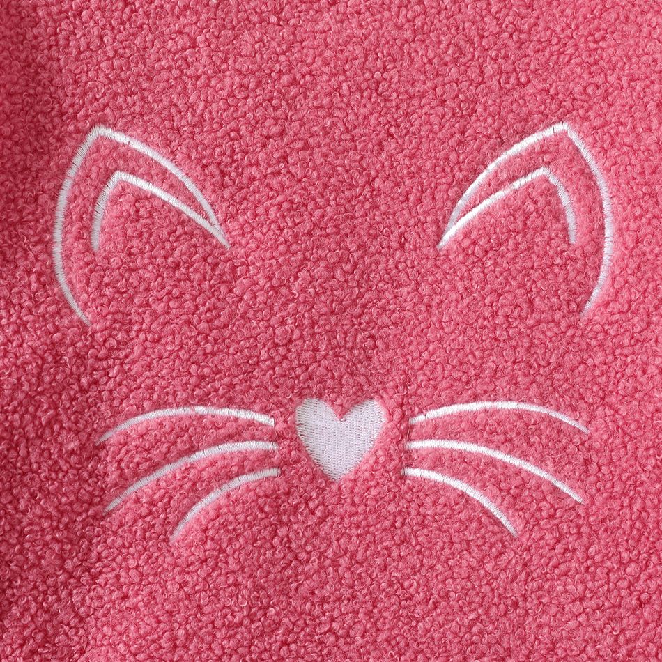 Kid Girl Cat Kitty Embroidered Fleece Pink Hooded Sweatshirt Dress Hot Pink big image 4