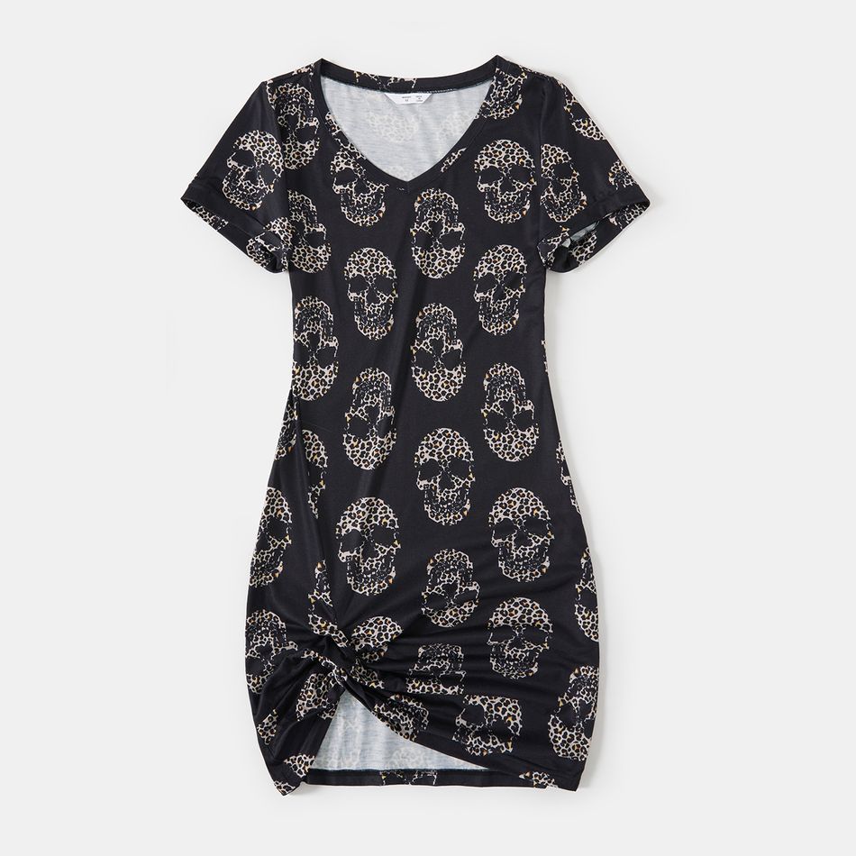 Halloween Family Matching Short-sleeve Allover Skull Print Black V Neck Twist Knot Bodycon Dress and T-shirts Sets Black big image 2