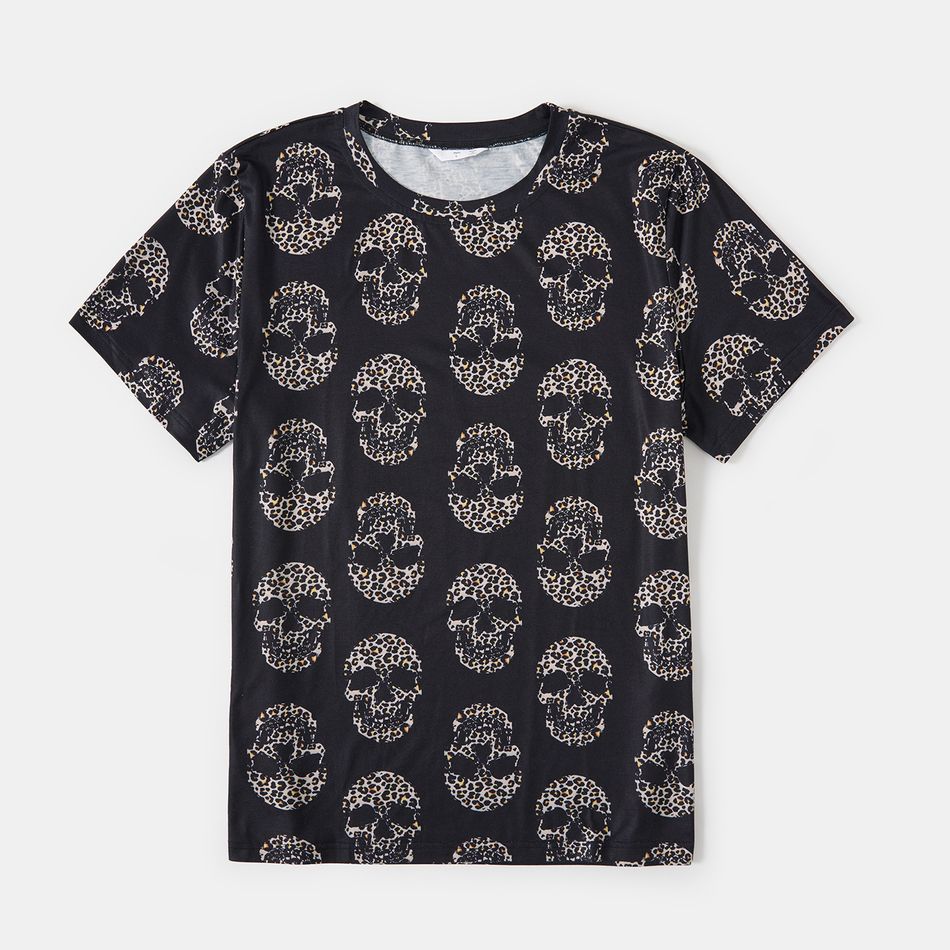 Halloween Family Matching Short-sleeve Allover Skull Print Black V Neck Twist Knot Bodycon Dress and T-shirts Sets Black big image 8