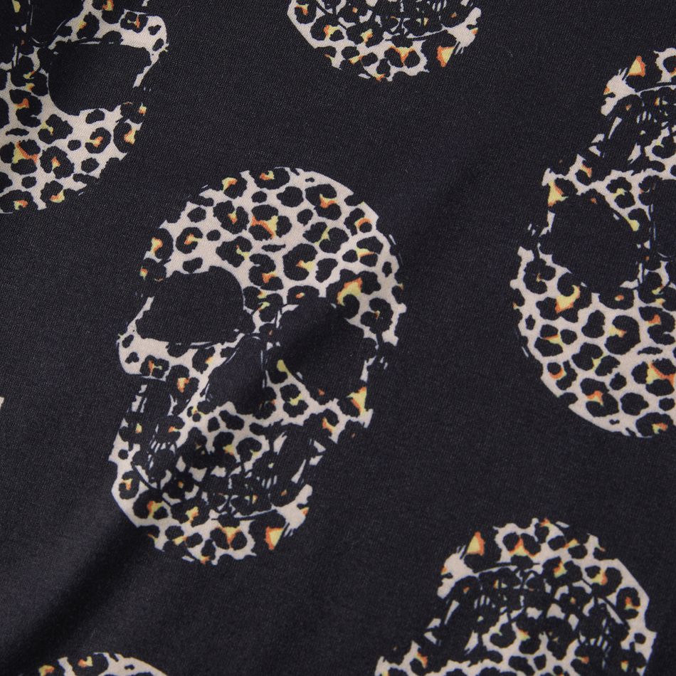 Halloween Family Matching Short-sleeve Allover Skull Print Black V Neck Twist Knot Bodycon Dress and T-shirts Sets Black big image 11