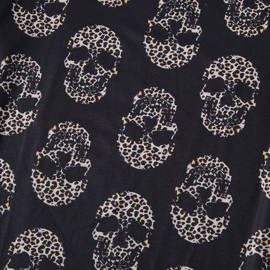 Halloween Family Matching Short-sleeve Allover Skull Print Black V Neck Twist Knot Bodycon Dress and T-shirts Sets Black big image 5
