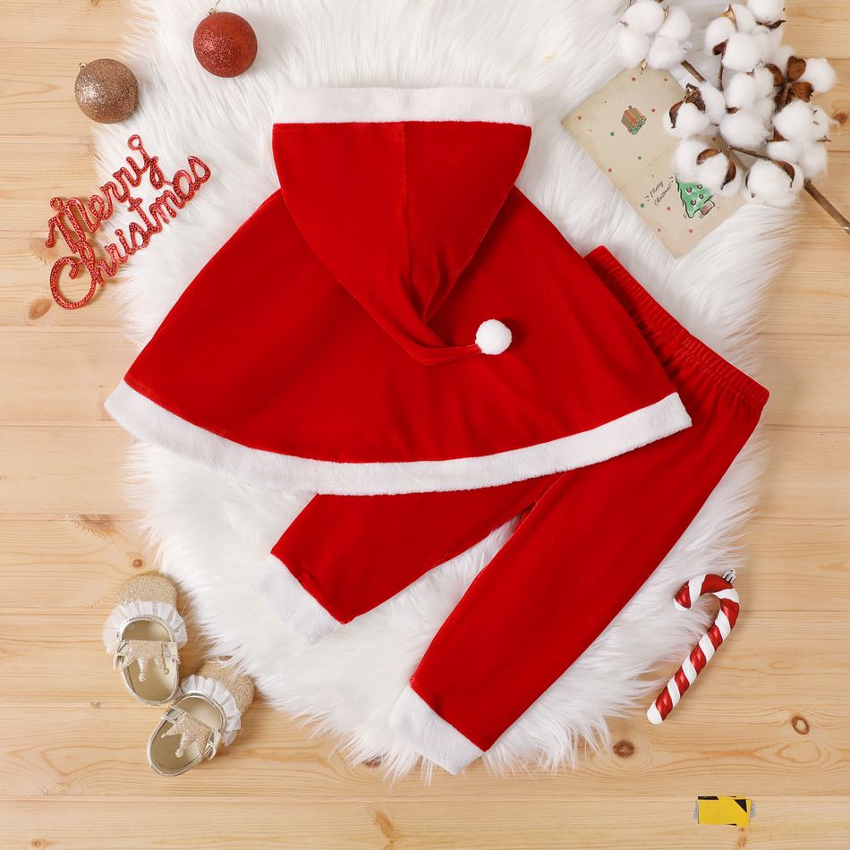 Christmas 2pcs Baby Girl Red Velvet Hooded Cloak and Pants Set REDWHITE big image 2