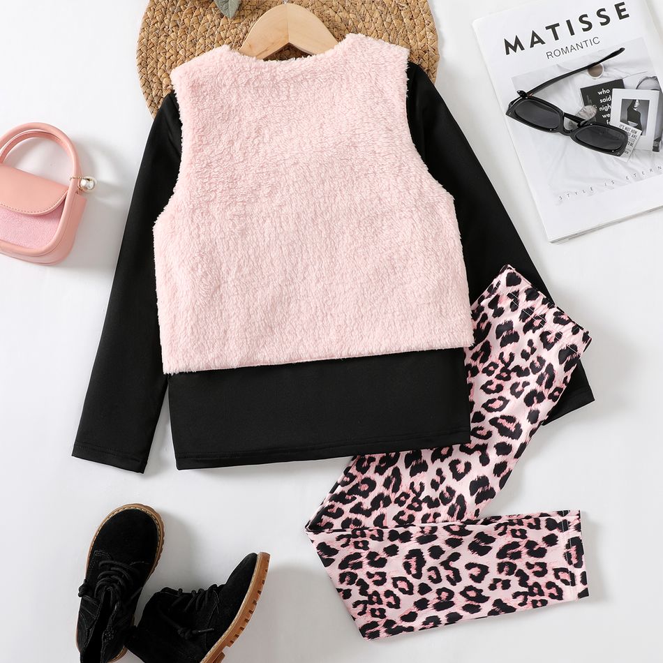 3pcs Kid Girl Long-sleeve Black Tee & Bowknot Design Fleece Vest and Leopard Print Leggings Set Black big image 2