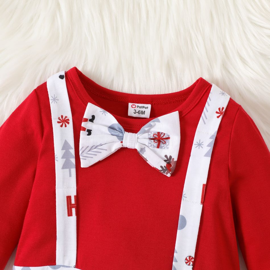 Christmas 2pcs Baby Boy Bow Front Solid Spliced Print Long-sleeve Jumpsuit with Hat Set Red big image 3