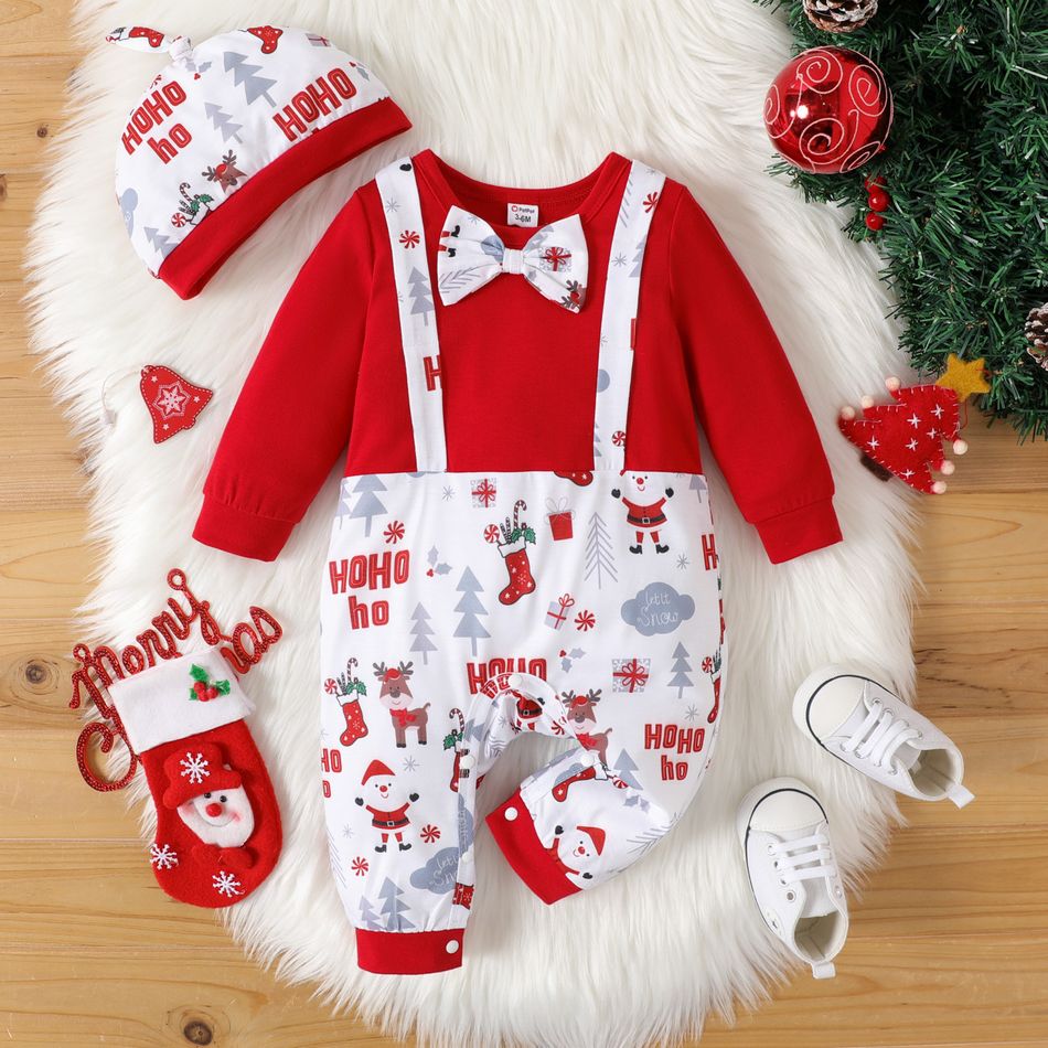 Christmas 2pcs Baby Boy Bow Front Solid Spliced Print Long-sleeve Jumpsuit with Hat Set Red