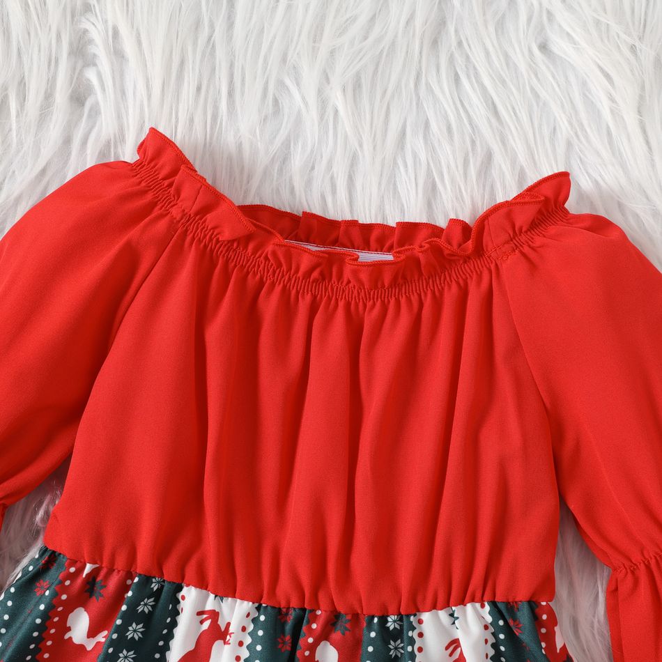 Christmas 2pcs Baby Girl Frill Off Shoulder Bell-sleeve Solid Spliced Print Dress with Headband Set Red-2 big image 3