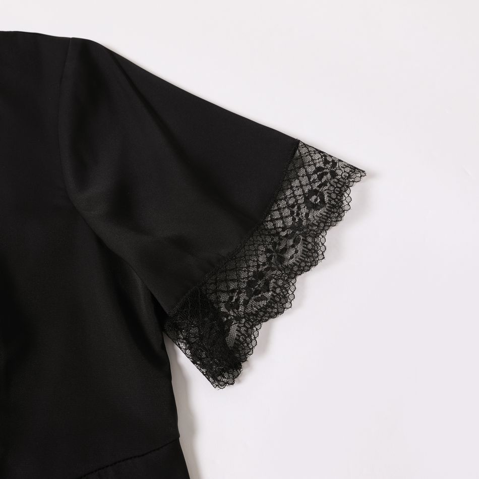 Maternity Lace Trim Short-sleeve Belted Jumpsuit Black