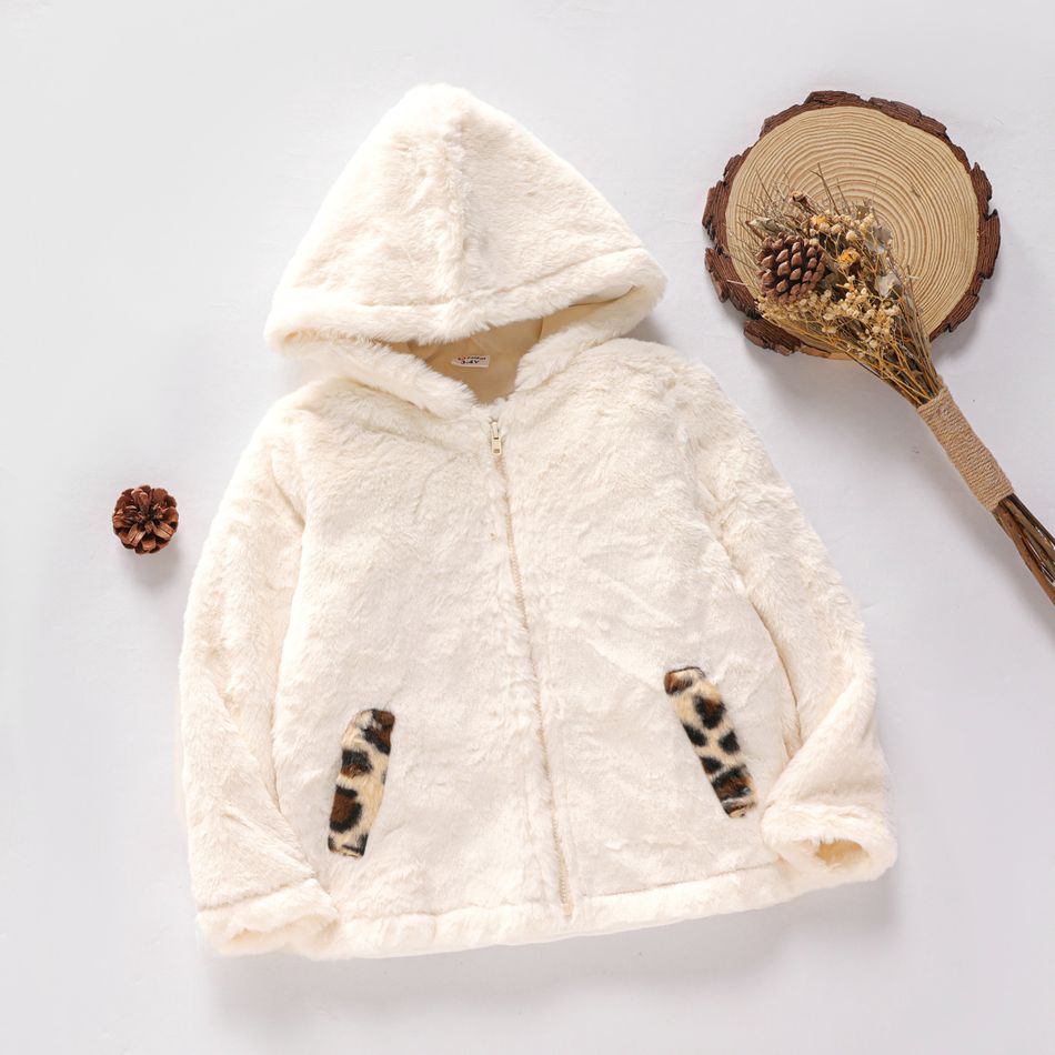 Toddler Girl Zipper Fuzzy Leopard Print/Solid Hooded Coat Beige