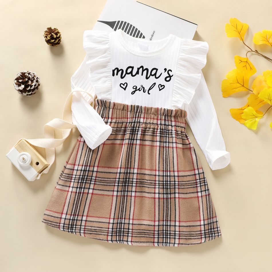 Toddler Girl Letter and Plaid Ruffle Decor Long-sleeve Dress White