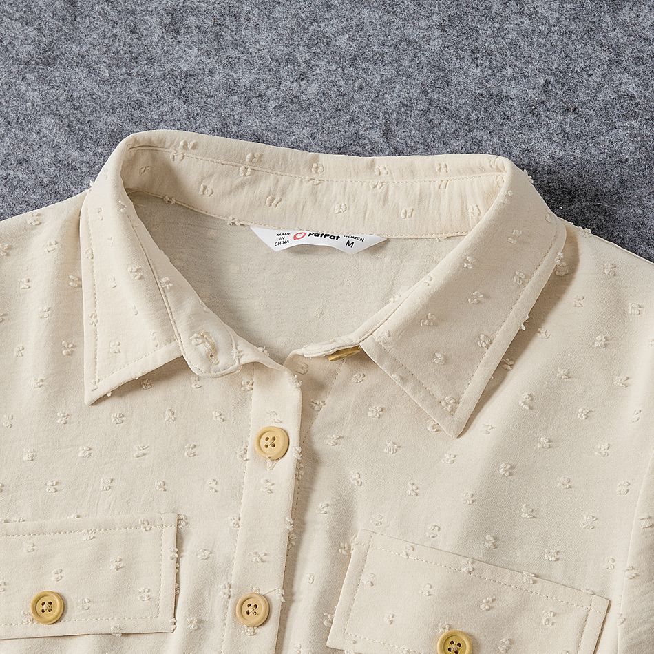 Solid Swiss Dot Textured Button Front Long-sleeve Drawstring Dress for Mom and Me BlanchedAlmond big image 3