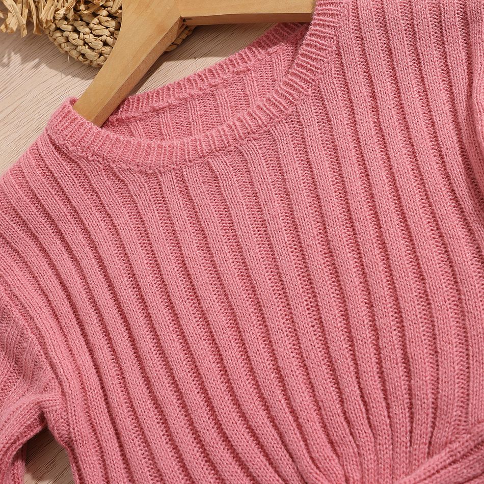 Kid Girl Ribbed Twist Knot Long-sleeve Pink Knit Sweater Pink big image 4