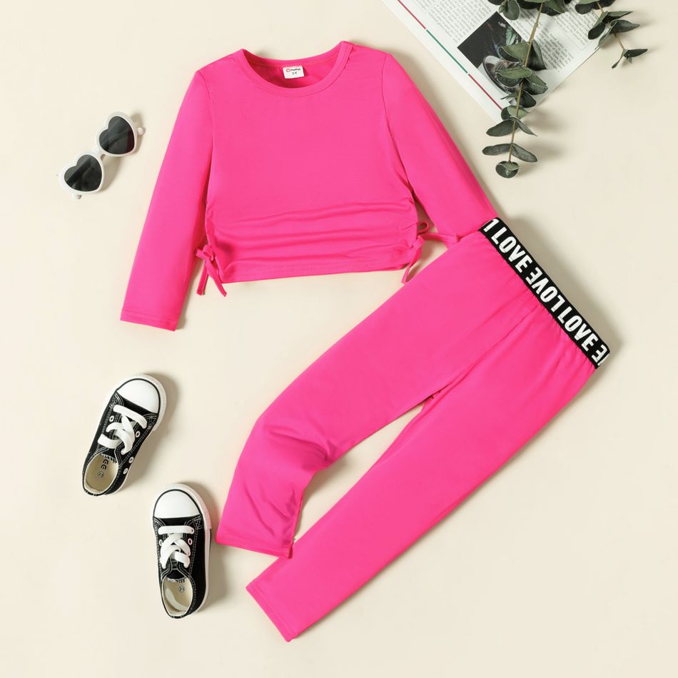 2pcs Toddler Girl Bowknot Design Solid Color Long-sleeve Tee and Letter Print Leggings Set Hot Pink