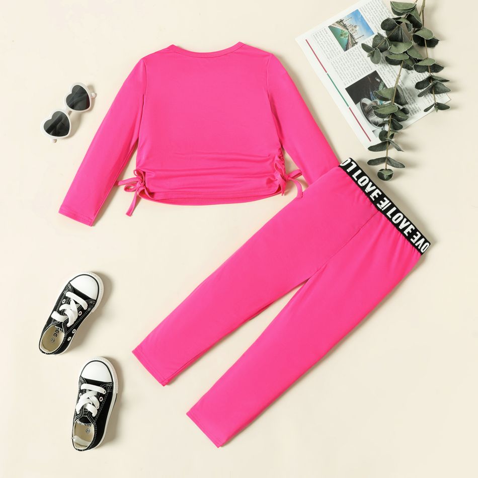 2pcs Toddler Girl Bowknot Design Solid Color Long-sleeve Tee and Letter Print Leggings Set Hot Pink big image 2