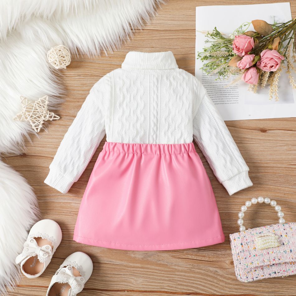 2pcs Baby Girl Solid Knitted Turtleneck Long-sleeve Sweater and Faux Leather Skirt Set PinkyWhite big image 2