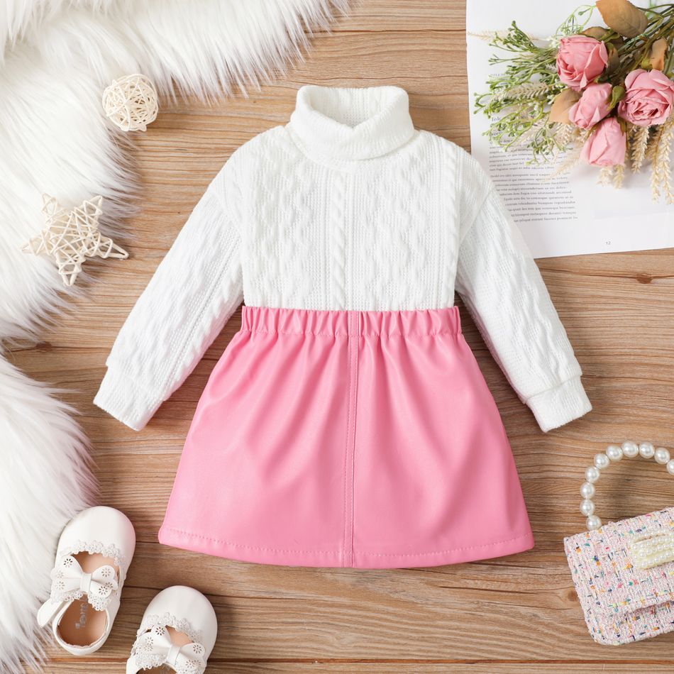 2pcs Baby Girl Solid Knitted Turtleneck Long-sleeve Sweater and Faux Leather Skirt Set PinkyWhite
