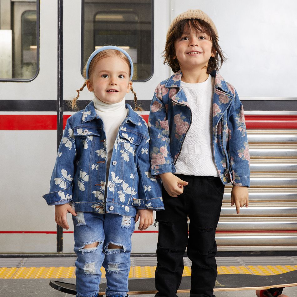 Toddler Boy/Girl Trendy Denim Lapel Collar Floral Print Jacket Light Blue big image 5