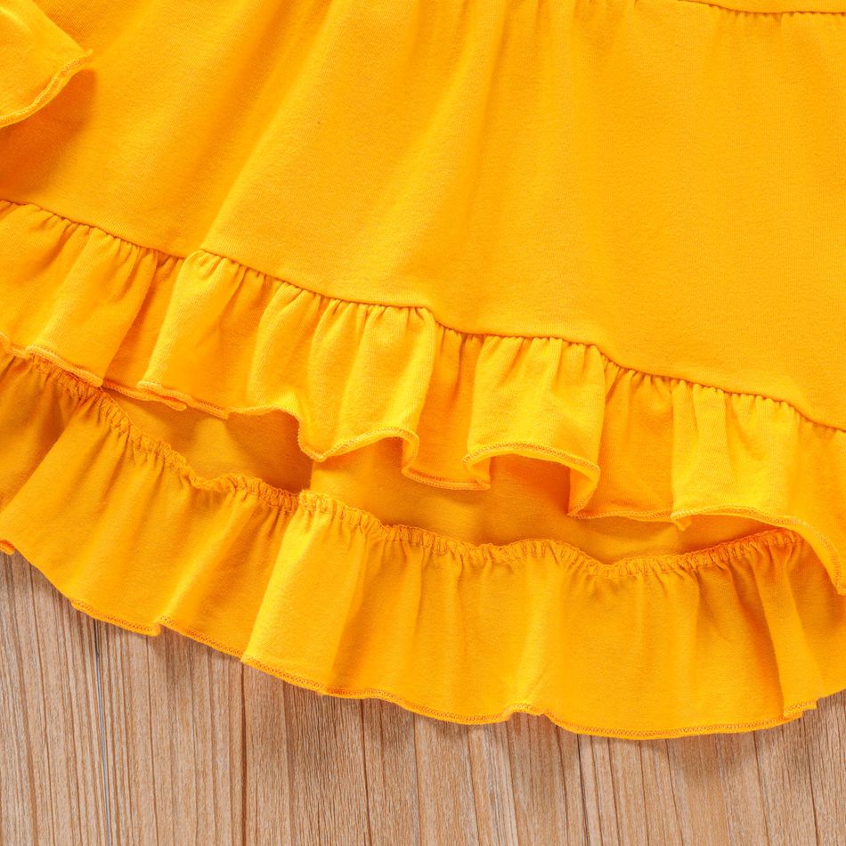 3pcs Toddler Girl Elegant Ruffled High Low Tee & Exotic Leggings and Scarf Set Yellow big image 4
