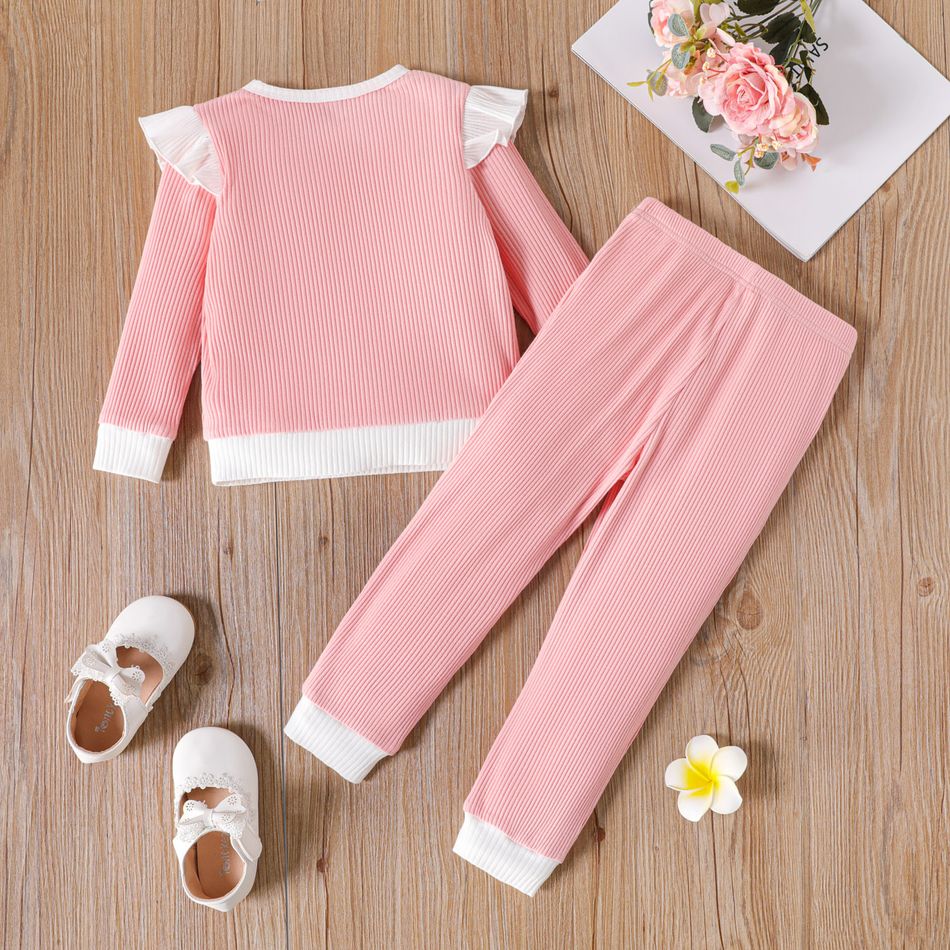 2pcs Toddler Girl Ruffled Ribbed Colorblock Long-sleeve Tee and Bowknot Design Pants Set Pink big image 3