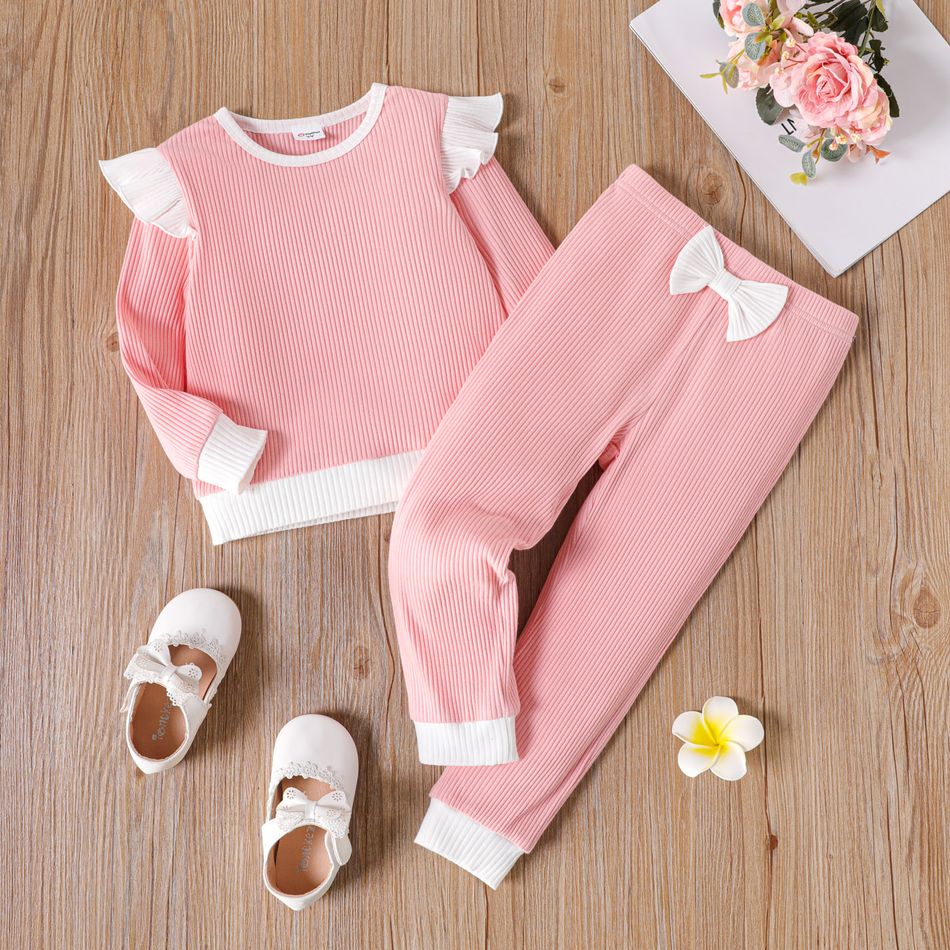 2pcs Toddler Girl Ruffled Ribbed Colorblock Long-sleeve Tee and Bowknot Design Pants Set Pink big image 1