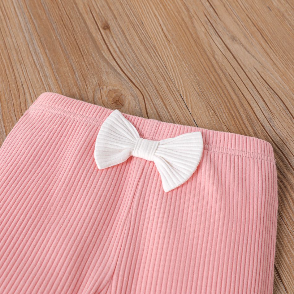 2pcs Toddler Girl Ruffled Ribbed Colorblock Long-sleeve Tee and Bowknot Design Pants Set Pink big image 6