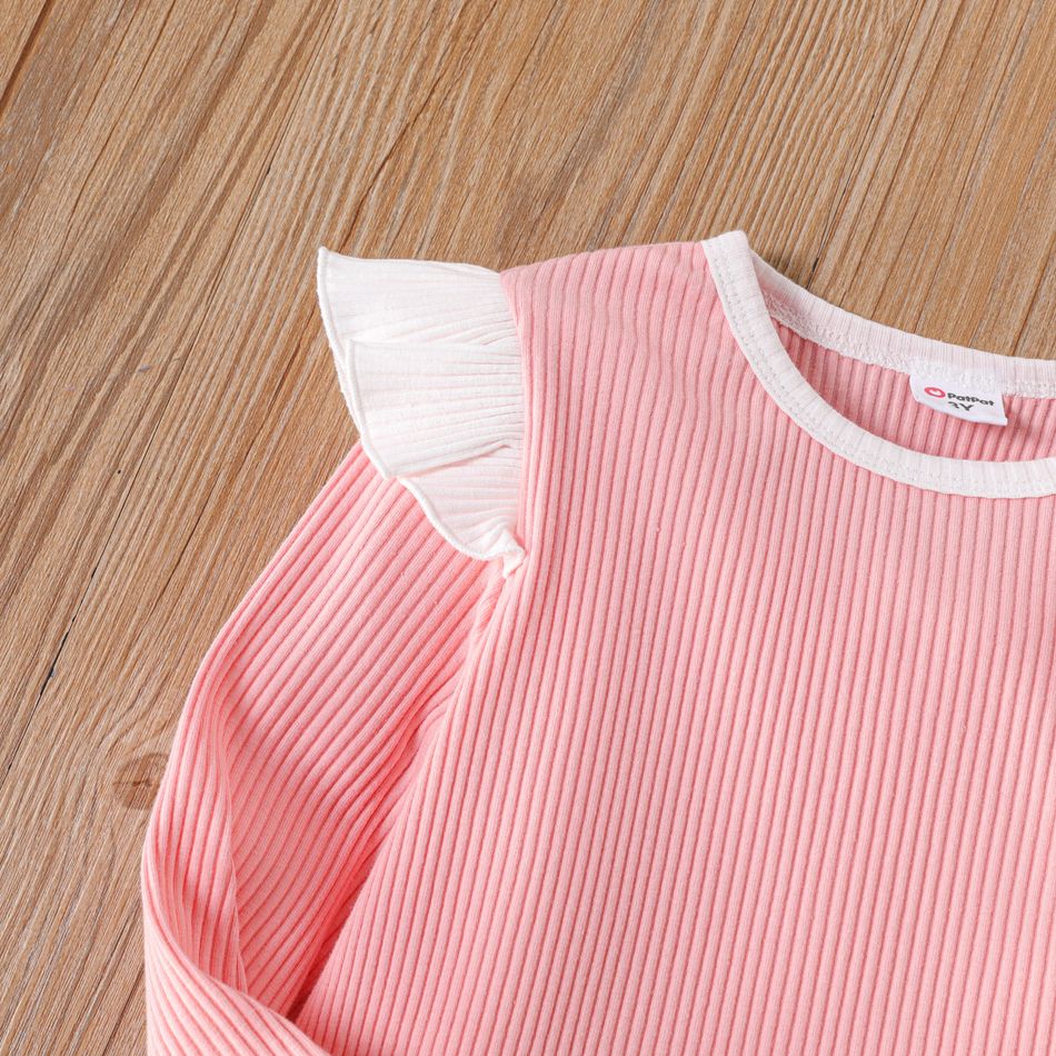 2pcs Toddler Girl Ruffled Ribbed Colorblock Long-sleeve Tee and Bowknot Design Pants Set Pink big image 5