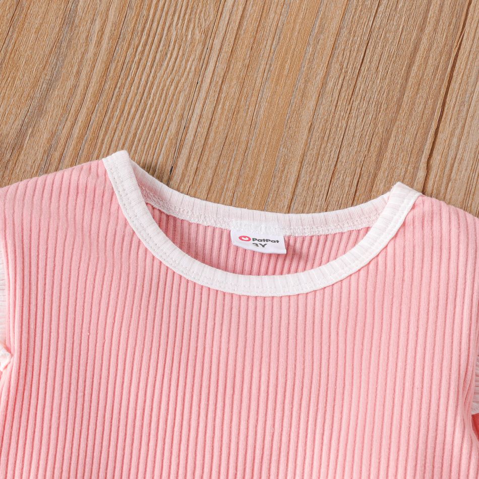 2pcs Toddler Girl Ruffled Ribbed Colorblock Long-sleeve Tee and Bowknot Design Pants Set Pink big image 4