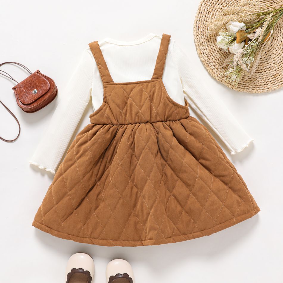 2pcs Toddler Girl Lettuce Trim Long-sleeve Ribbed Tee and Brown Overall Dress Set KHAKI big image 2