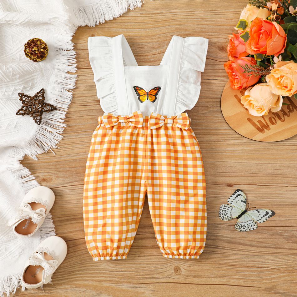 Baby Girl 100% Cotton Butterfly Print Ruffle Trim Spliced Plaid Bow Front Overalls ColorBlock