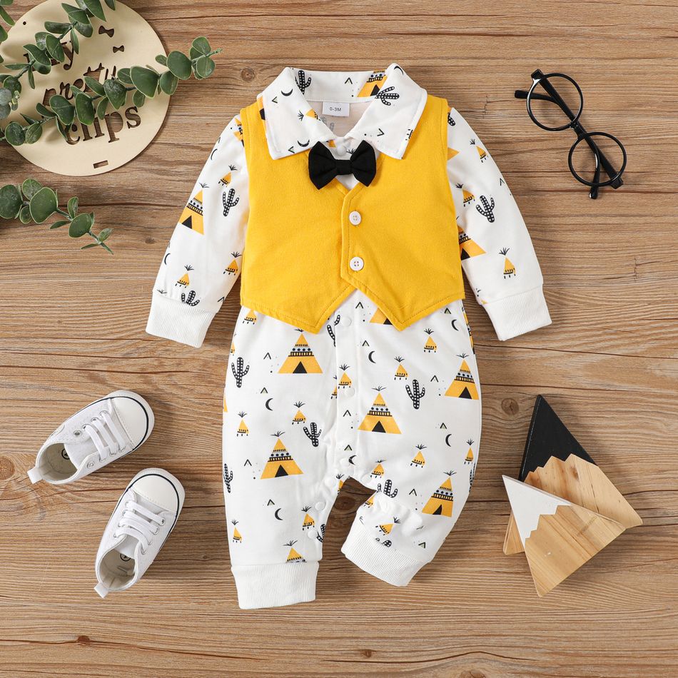 2pcs Baby Boy 95% Cotton Waistcoat and Allover Cactus Print Long-sleeve Jumpsuit Set Party Outfits Yellow big image 2