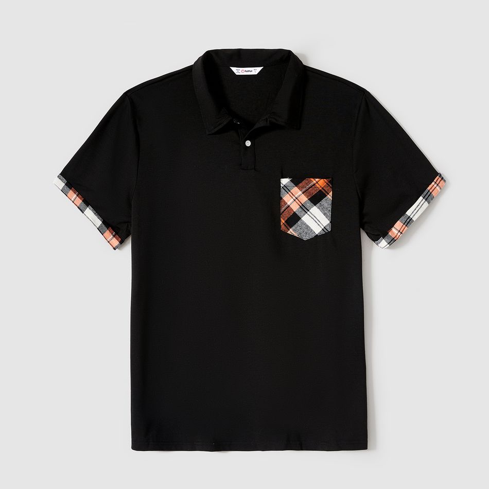 Family Matching Plaid Splicing Black Short-sleeve Dresses and Polo Shirts Sets ColorBlock big image 5