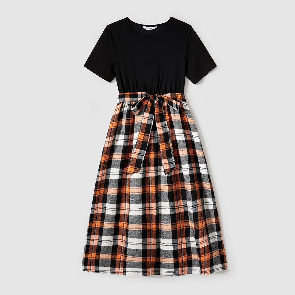 Family Matching Plaid Splicing Black Short-sleeve Dresses and Polo Shirts Sets ColorBlock big image 2