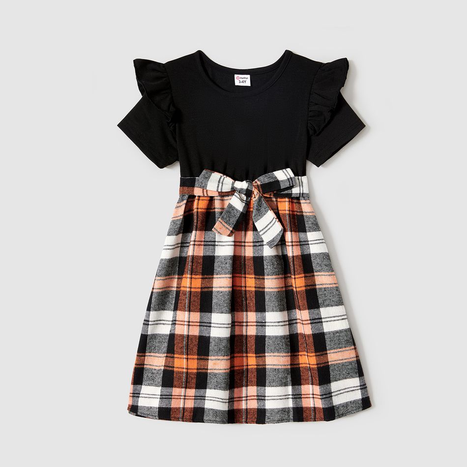Family Matching Plaid Splicing Black Short-sleeve Dresses and Polo Shirts Sets ColorBlock big image 8