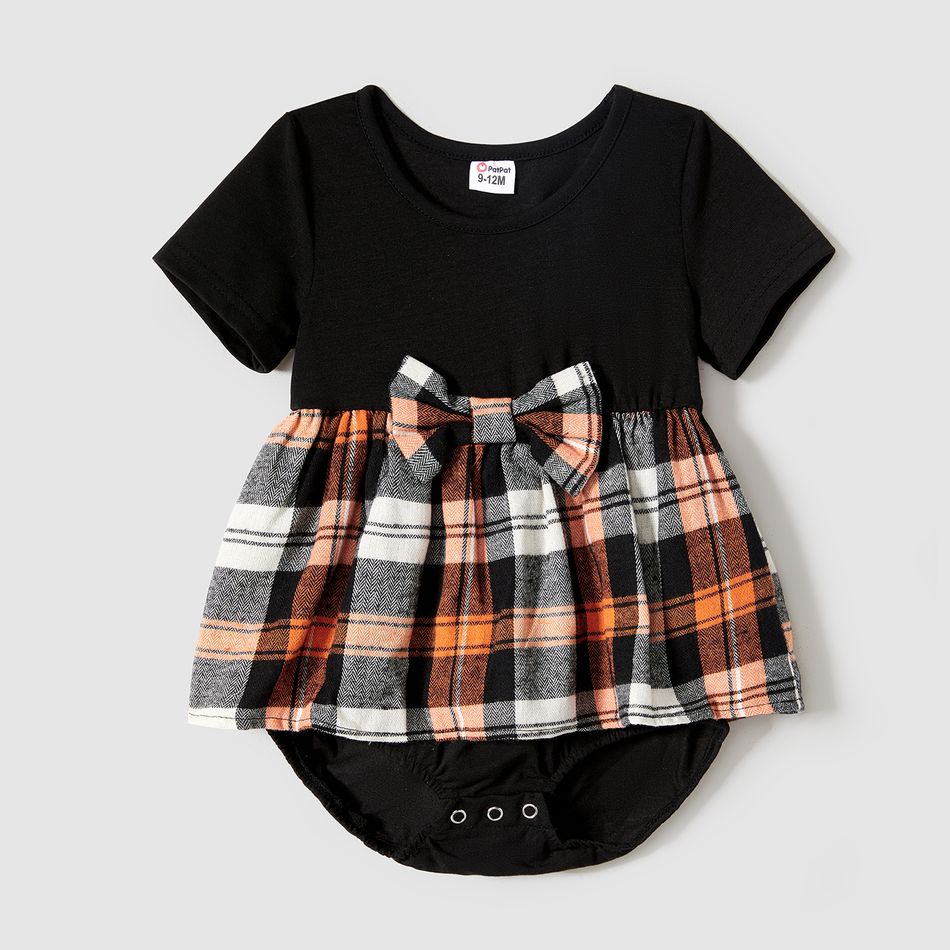 Family Matching Plaid Splicing Black Short-sleeve Dresses and Polo Shirts Sets ColorBlock big image 14