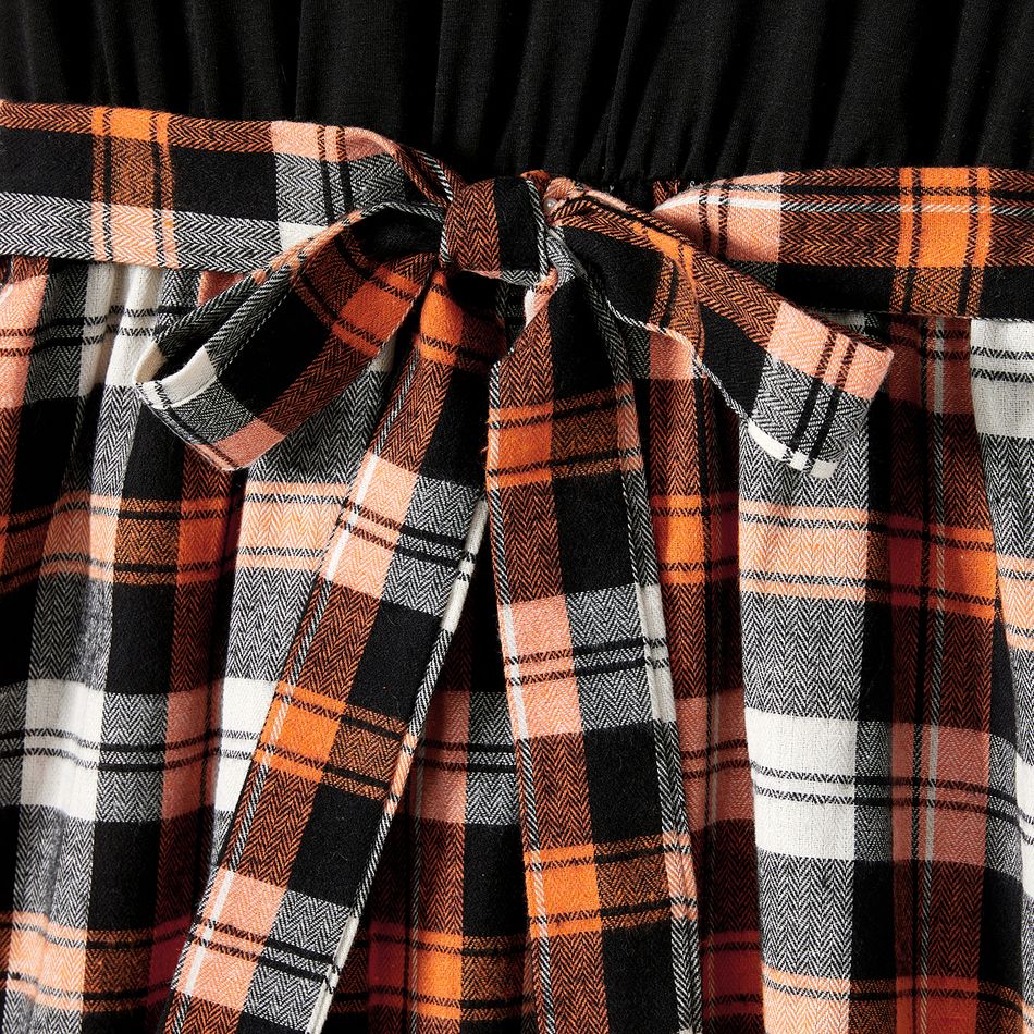 Family Matching Plaid Splicing Black Short-sleeve Dresses and Polo Shirts Sets ColorBlock big image 4