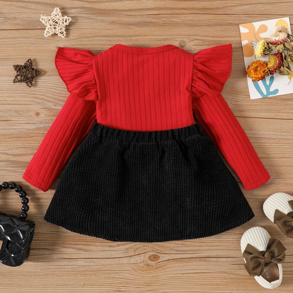 2pcs Baby Girl Rib Knit Ruffled Long-sleeve Top and Button Front Corduroy Skirt Set Red big image 2
