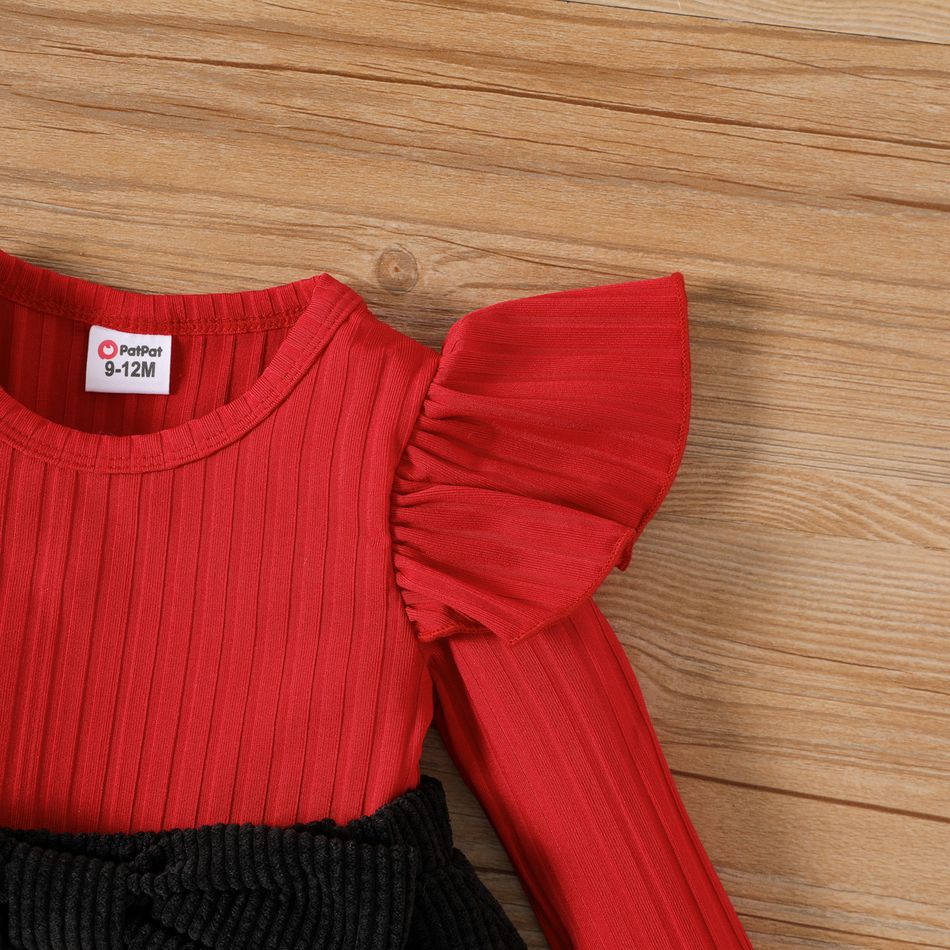 2pcs Baby Girl Rib Knit Ruffled Long-sleeve Top and Button Front Corduroy Skirt Set Red big image 3
