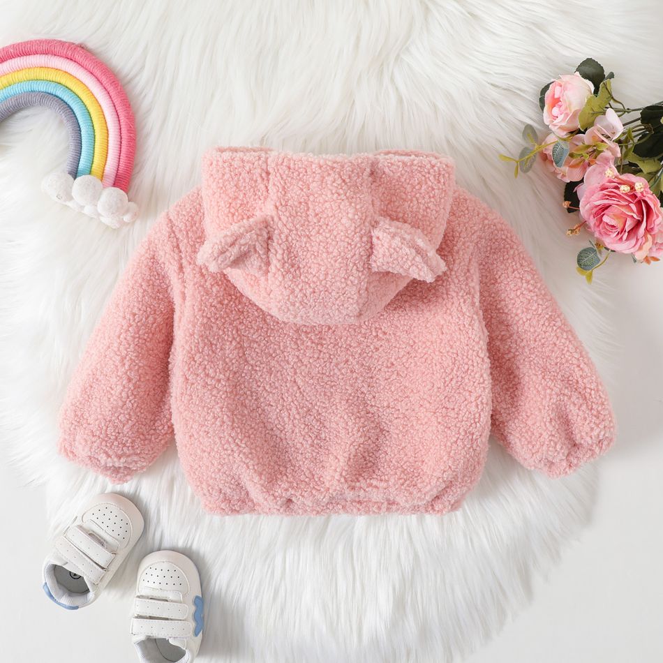 Baby Girl Rainbow Embroidered Pink Hooded Long-sleeve Zipper Thermal Fleece Jacket Pink big image 2