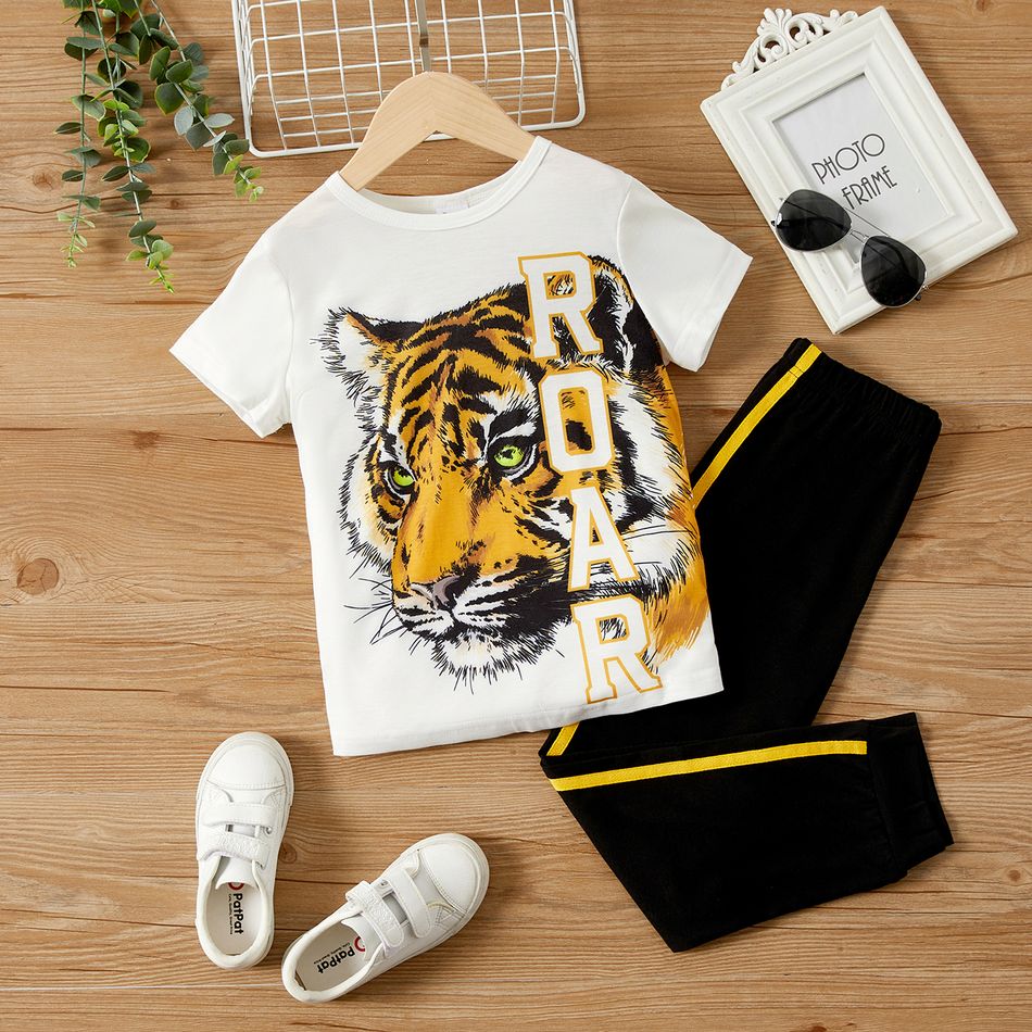 2pcs Kid Boy Letter Animal Tiger Print Short-sleeve Tee and Striped Pants Set BlackandWhite