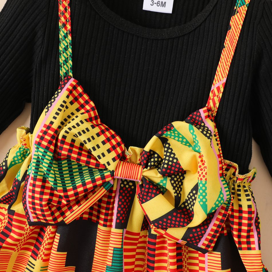 2pcs Baby Girl Long-sleeve Faux-two Rib Knit Spliced Geo Print Bow Front Dress with Headband Set Black big image 5