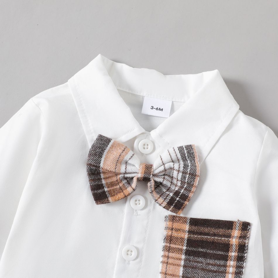 2pcs Baby Boy 100% Cotton Plaid Bow Tie Decor Long-sleeve Button Up Shirt and Pants Set Brown big image 3