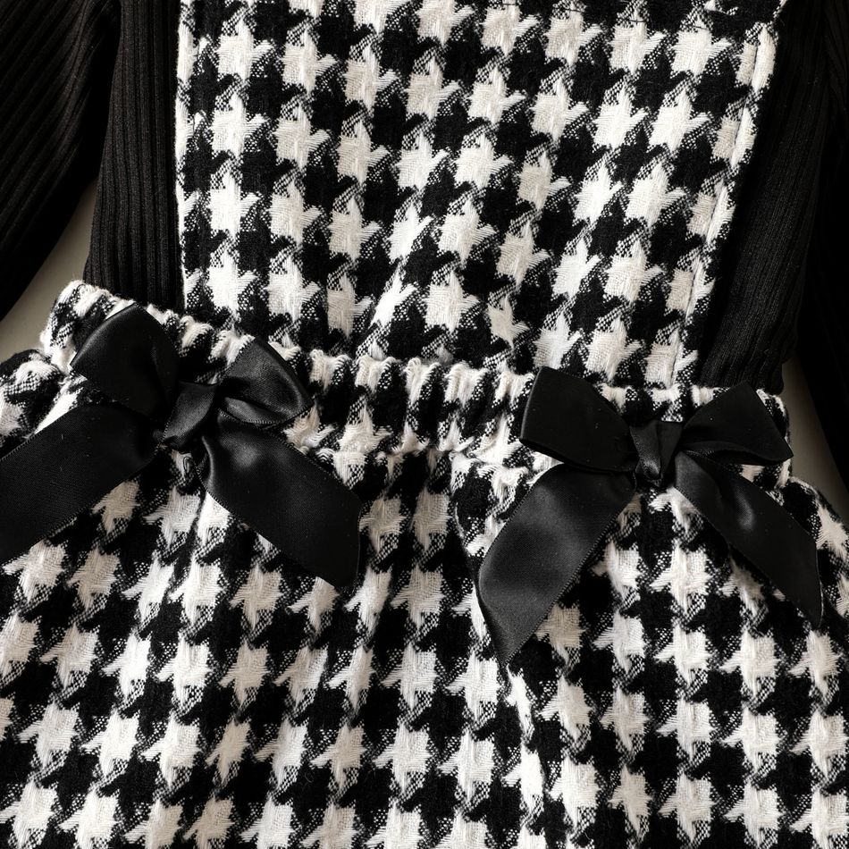 2pcs Toddler Girl Turtleneck Ribbed Black Tee and Bows Design Tweed Plaid Overall Dress Set BlackandWhite big image 4