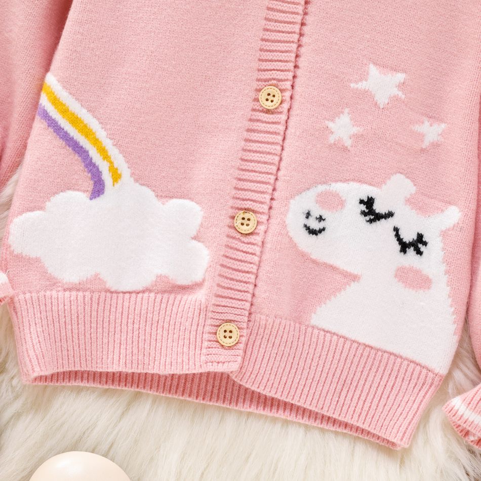Toddler Girl Sweet Unicorn Rainbow Pattern Button Design Pink Knit Sweater Light Pink big image 4