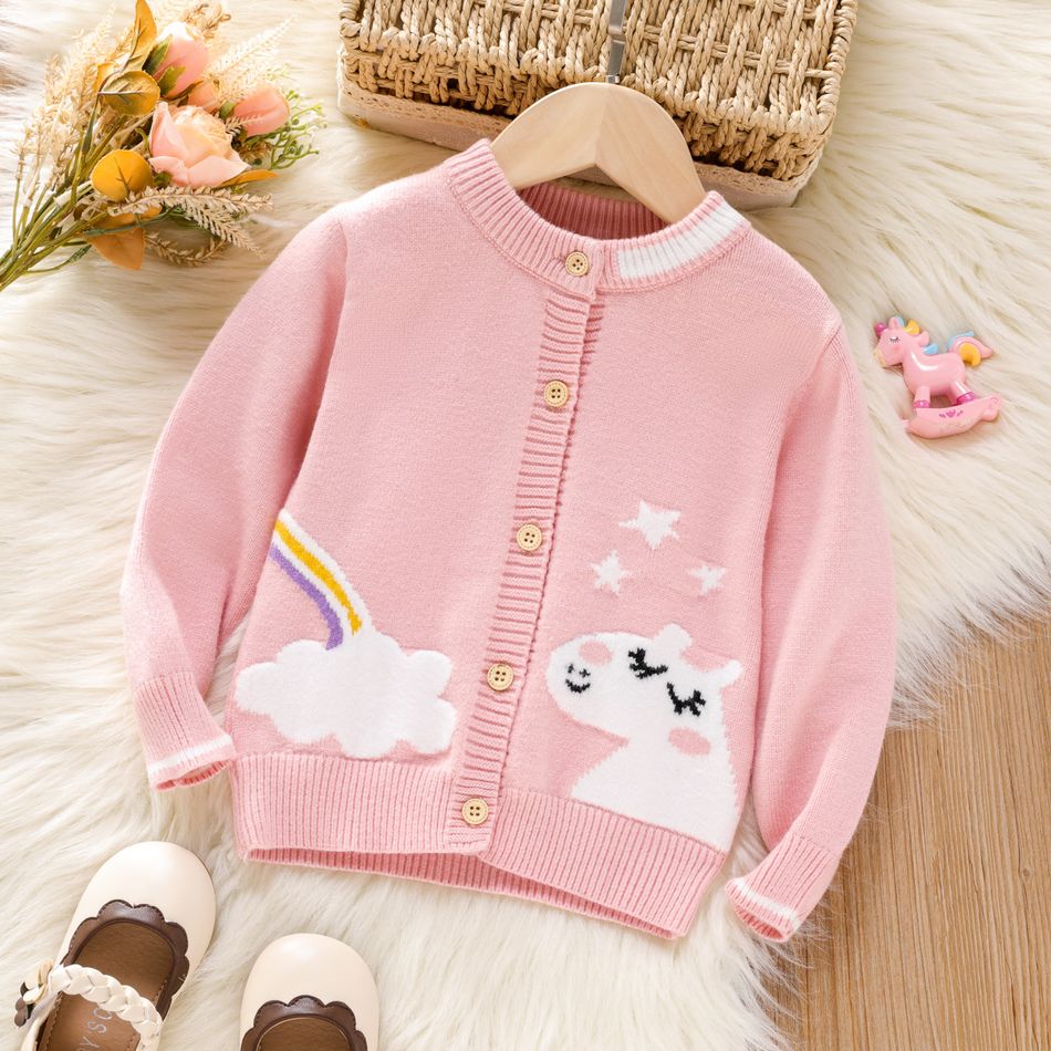 Toddler Girl Sweet Unicorn Rainbow Pattern Button Design Pink Knit Sweater Light Pink