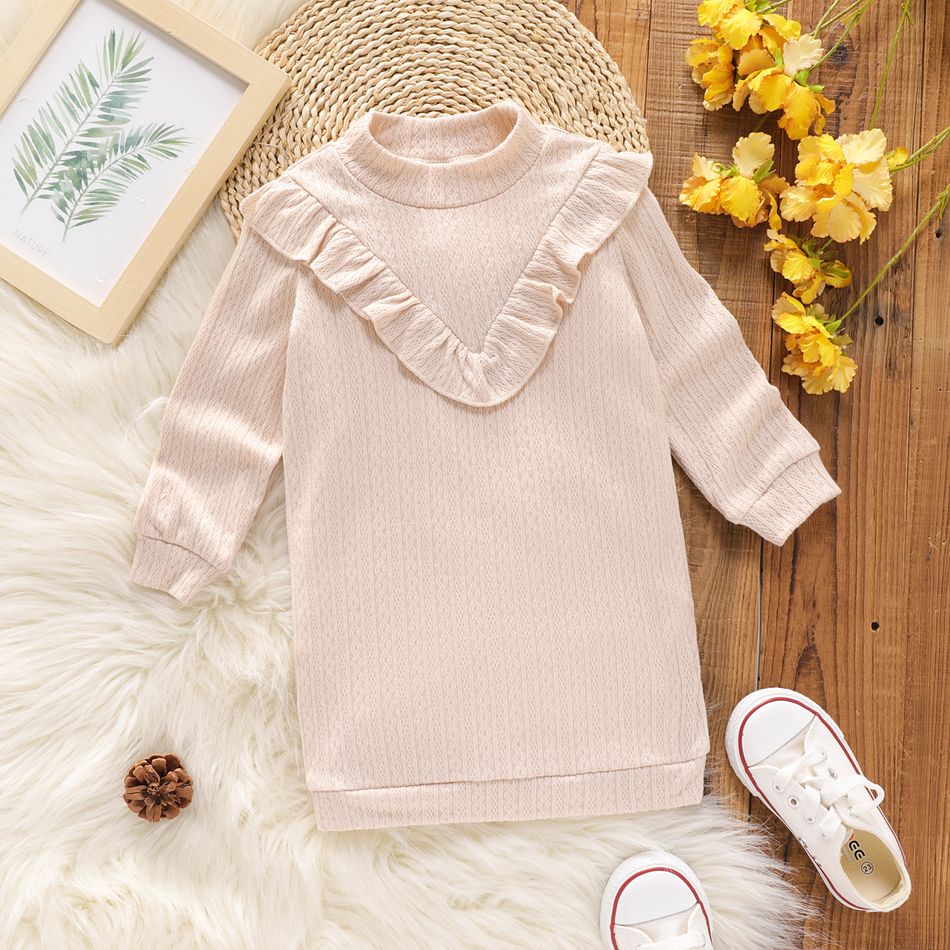 Toddler Girl Solid Color Ruffled Mock Neck Long-sleeve Knit Dress Khaki