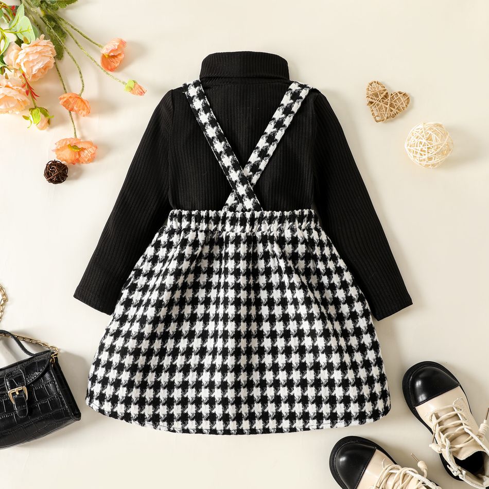 2pcs Toddler Girl Turtleneck Ribbed Black Tee and Bows Design Tweed Plaid Overall Dress Set BlackandWhite big image 2